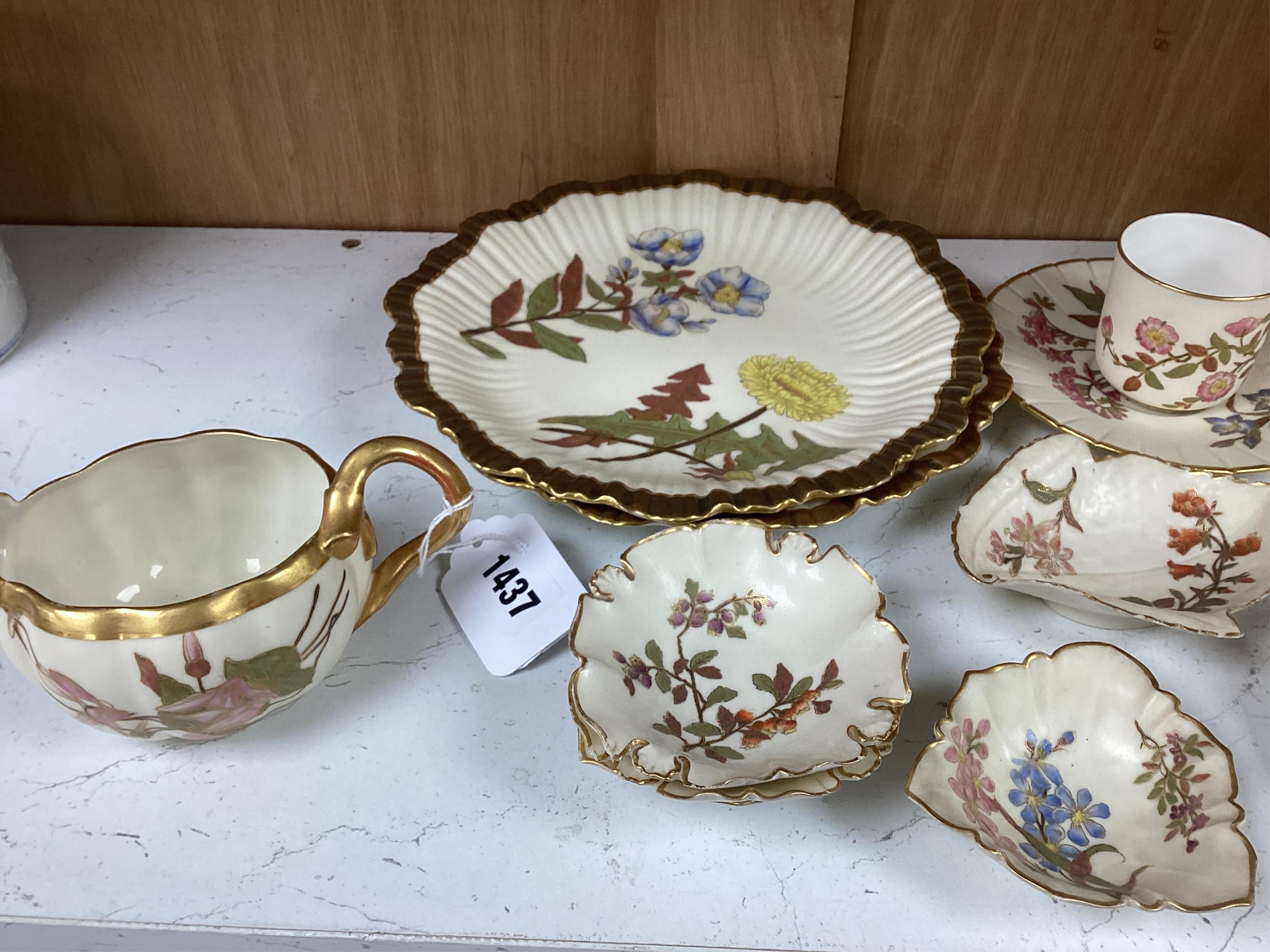 A collection of 19th century Worcester blush ivory to include a pair of gilt plates, various cups and saucers and a jar